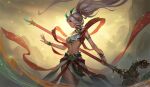  1girl absurdres arm_tattoo bead_necklace beads breasts dragon_horns hair_ornament highres holding holding_staff horns janna_(league_of_legends) jewelry league_of_legends lee_(doollyss) leg_tattoo long_hair magic medium_breasts mountain necklace pointy_ears ponytail skirt solo staff tattoo white_hair white_skirt 