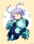  1girl amajiki_tamaki antenna_hair bangs blue_bodysuit blue_eyes bodysuit boku_no_hero_academia breasts brown_background brown_gloves covered_collarbone eyebrows_visible_through_hair gloves green_bodysuit hadou_nejire large_breasts long_sleeves ohhhhhhtsu shiny shiny_hair short_hair solo_focus thigh_strap togata_mirio white_background white_bodysuit 