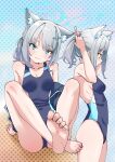  1girl animal_ears barefoot blue_archive blue_eyes blush breasts cross eyebrows_visible_through_hair feet hair_ornament highres hizikit inverted_cross looking_at_viewer navel ponytail shiroko_(blue_archive) small_breasts solo swimsuit toenails tying_hair 