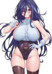  1girl alternate_costume ass_visible_through_thighs black_corset black_thighhighs blue_hair breasts clorinde_(genshin_impact) commentary_request corset covered_navel dark_blue_hair dress_shirt elbow_gloves fold-over_gloves genshin_impact gloves hair_between_eyes hand_on_own_hip highres huge_breasts long_hair long_hair_between_eyes messy multicolored_hair paid_reward_available pinkcap purple_eyes shirt sleeveless sleeveless_shirt streaked_hair thighhighs white_background white_gloves white_shirt 