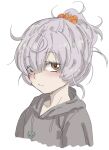  1girl ahoge alternate_hairstyle bangs blunt_bangs blush eyebrows_visible_through_hair eyes_visible_through_hair grey_hair grey_hoodie hood hood_down hoodie looking_at_viewer magia_record:_mahou_shoujo_madoka_magica_gaiden mahou_shoujo_madoka_magica messy_hair miwa_mitsune muted_color orange_eyes orange_scrunchie ponytail portrait scrunchie short_hair simple_background solo swept_bangs white_background you2 