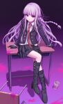  1girl bangs black_footwear black_gloves black_jacket black_skirt blood boots braid brown_necktie chair collared_shirt danganronpa:_trigger_happy_havoc danganronpa_(series) deadnooodles desk food gloves gradient gradient_background hair_ribbon high_heel_boots high_heels highres jacket kirigiri_kyouko knee_boots long_hair long_sleeves looking_at_viewer necktie noodles open_clothes open_jacket pink_background pink_blood pleated_skirt purple_background purple_eyes ramen ribbon school_desk shirt side_braid single_braid sitting skirt smile solo white_shirt 