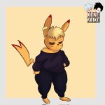  anthro blake_(xenozaiko) blonde_hair brown_eyes clothed clothing ear_piercing hair hi_res male mammal mouse murid murine nintendo orange_body piercing pikachu pok&eacute;mon pok&eacute;mon_(species) rodent simple_background solo video_games xenozaiko 