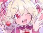  1girl ;d ayano_rika blonde_hair choker compact_(cosmetics) eyes_visible_through_hair gem hair_between_eyes hands_up head_tilt heart holding_compact magia_record:_mahou_shoujo_madoka_magica_gaiden magical_girl mahou_shoujo_madoka_magica one_eye_closed paru_rari portrait red_choker red_eyes red_gemstone red_sleeves sailor_collar sidelocks smile solo soul_gem two-tone_sleeves two_side_up white_sleeves 