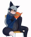  1girl animal_ears beleven black_bow black_bowtie black_gloves black_hair black_necktie black_pantyhose black_shirt blue_jacket blush book bow bowtie extra_ears fox_ears fox_girl fox_tail glasses gloves grey_hair grey_skirt hair_between_eyes highres jacket kemono_friends long_hair long_sleeves looking_at_viewer multicolored_hair necktie no_shoes orange_eyes pantyhose pleated_skirt shirt sidelocks silver_fox_(kemono_friends) sitting skirt smile solo tail thighs two-tone_hair 