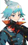  1boy aqua_eyes aqua_hair black_gloves blush closed_mouth coat color_guide commentary_request gloves green_coat hand_up highres holding holding_poke_ball kawasaki_(kwsk_8765) male_focus official_alternate_costume poke_ball poke_ball_(basic) pokemon pokemon_masters_ex short_hair smile solo spiked_hair steven_stone steven_stone_(sygna_suit) upper_body 