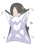  1girl animal_costume arms_up black_hair breasts commentary_request covered_navel emperor_penguin_(kemono_friends) full_body hair_between_eyes hair_over_one_eye headphones kemono_friends large_breasts lets0020 long_bangs multicolored_hair numbered o_o open_mouth orange_hair penguin_costume short_hair simple_background smile solo streaked_hair triangle_mouth v-shaped_eyebrows white_background 