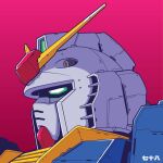  absurdres close-up commentary english_commentary green_eyes gundam highres looking_ahead mecha mecha_focus mobile_suit mobile_suit_gundam no_humans pink_background portrait profile robot rx-78-2 science_fiction simple_background solo translation_request v-fin voxiela 