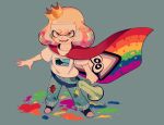  +_+ :d brown_eyes cape cephalopod_eyes clem_(calmeremerald) crown denim english_commentary full_body highres jeans megaphone mole mole_under_eye mole_under_mouth paint_splatter pants pearl_(splatoon) rainbow_flag shirt shoes smile splatoon_(series) standing tentacle_hair tilted_headwear torn_clothes white_shirt 