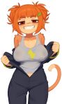  1girl animal_ears bare_shoulders black_overalls bloons_tower_defense blunt_bangs blush body_fur breasts brown_fur cowboy_shot double_bun grin hair_bun highres large_breasts looking_at_viewer messy_hair monkey_ears monkey_girl monkey_tail orange_hair overalls pink_shirt red_eyes shirt short_hair simple_background smile solo tail teeth white_background yoako 