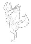  anthro bottomwear canid canine canis cheek_tuft clothing dancing death_(puss_in_boots) dreamworks dual_wielding facial_markings facial_tuft fluffy fluffy_tail grin half-closed_eyes head_markings heart_symbol hi_res holding_object holding_weapon looking_at_viewer male mammal markings mask_(marking) narrowed_eyes neck_tuft noritar0 pants poncho pose puss_in_boots_(dreamworks) raised_leg red_eyes sickle simple_background sketch smile solo tail teeth tuft weapon white_background wolf 