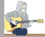  1girl acoustic_guitar blue_pants closed_mouth commentary girls_band_cry grey_eyes grey_hair grey_hoodie guitar holding holding_guitar holding_instrument hood hood_up hoodie instrument kawaragi_momoka long_hair long_sleeves momokan_1209 multicolored_hair pants playing_guitar roots_(hair) sidelocks sitting solo white_background 