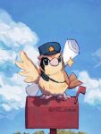  animal_focus bird black_eyes cloud day full_body hat highres looking_at_viewer mailbox_(incoming_mail) no_humans outdoors pidgey pokemon pokemon_(anime) pokemon_(classic_anime) pokemon_(creature) scroll sky solo sparkle standing 