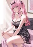  1girl absurdres black_choker black_negligee breasts choker earrings highres hololive hololive_english jewelry large_breasts long_hair looking_at_viewer mori_calliope pink_hair red_eyes sitting solo sunset_(sunsetdazzle) tiara twintails virtual_youtuber 
