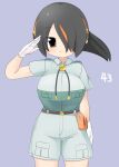  1girl belt black_hair blush bolo_tie breast_pocket breasts brown_belt brown_eyes captain_(kemono_friends) captain_(kemono_friends)_(cosplay) closed_mouth commentary_request cosplay cowboy_shot emperor_penguin_(kemono_friends) gloves grey_background grey_shirt grey_shorts hair_between_eyes hair_over_one_eye headphones highres kemono_friends kemono_friends_3 large_breasts lets0020 long_bangs looking_at_viewer multicolored_hair numbered orange_hair pocket pouch salute shirt short_hair shorts simple_background smile solo streaked_hair tented_shirt white_gloves 