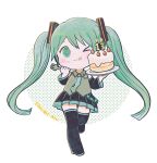  &gt;_o 1girl :3 :q ayu_(mog) birthday_cake black_skirt black_thighhighs blue_necktie blush_stickers cake candle chibi detached_sleeves dot_nose duplicate food food_on_face fork green_eyes green_hair hatsune_miku holding holding_fork long_hair long_sleeves looking_at_viewer necktie one_eye_closed pleated_skirt skirt smile solo thighhighs tongue tongue_out twintails very_long_hair vest vocaloid 