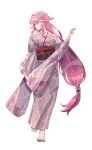  1girl absurdres alternate_costume barefoot breasts cherry_blossom_print commentary_request droopy_ears floral_print flower fox_girl full_body genshin_impact hair_between_eyes hair_flower hair_intakes hair_ornament hand_up highres holding_kimono japanese_clothes kimono long_hair looking_down medium_breasts nail_polish pink_flower pink_hair pink_kimono pink_nails red_sash reki_(user_rcrd4534) sash simple_background solo very_long_hair white_background white_flower wide_sleeves yae_miko 