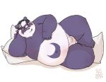  2024 alp_(tas) anthro awa_awa balls bear belly big_belly black_nose blush clothing flaccid genitals giant_panda hat headgear headwear hi_res kemono lifewonders male mammal nipples overweight overweight_male penis pillow purple_body simple_background solo tokyo_afterschool_summoners tongue tongue_out white_background white_body 