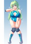  1girl absurdres alternate_costume blush boots breasts cleavage cleavage_cutout clothing_cutout cross-laced_footwear frog_hair_ornament full_body green_hair hair_ornament highres knees_together_feet_apart kochiya_sanae large_breasts long_hair looking_at_viewer one-piece_swimsuit open_mouth snake_hair_ornament solo sweat swimsuit tokyo_yamane touhou 