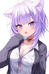  1girl 2mugi absurdres ahoge animal_ear_fluff animal_ears blush breasts button_gap cat_ears cat_girl cat_tail choppy_bangs cleavage collar eyelashes fang highres hololive large_breasts long_sleeves looking_at_viewer nekomata_okayu open_mouth purple_eyes purple_hair shirt short_hair sleeves_past_fingers sleeves_past_wrists slit_pupils solo tail virtual_youtuber white_background 