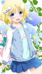  1girl artist_logo artist_name blonde_hair blue_eyes blush bow cowboy_shot dot_nose floral_background flower hair_bow highres jacket looking_at_viewer noto_(soranoto) open_clothes open_jacket open_mouth original shirt short_hair solo white_bow 
