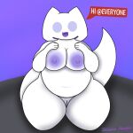  1:1 2024 anthro areola big_breasts big_tail blista_kanjo breasts clyde_(discord) digital_drawing_(artwork) digital_media_(artwork) discord_(app) domestic_cat english_text felid feline felis female fur genitals happy hi_res holding_breast looking_at_viewer mammal nipples nude open_mouth overweight overweight_anthro pussy shaded simple_background solo solo_focus speech_bubble tail teeth text thick_thighs white_body white_fur 