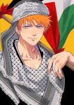 &gt;:) 1boy absurdres adapted_costume bleach brown_eyes closed_mouth collarbone commentary english_commentary eyebrows_hidden_by_hair flag fringe_trim grey_hat hair_between_eyes hat highres holding holding_flag jordanian_flag kurosaki_ichigo looking_at_viewer orange_hair scarf short_hair simple_background smile smirk solo spiked_hair tsurime upper_body upturned_eyes v-shaped_eyebrows white_scarf yellow_background yshjsw 