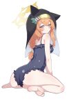  1girl absurdres animal_ear_headwear ass bare_arms bare_legs bare_shoulders barefoot black_hat black_one-piece_swimsuit blue_archive blue_eyes blush braid breasts closed_mouth coif flower hair_between_eyes halo hat hat_flower highres long_hair mari_(blue_archive) nun one-piece_swimsuit orange_hair simple_background single_braid small_breasts soles solo swimsuit toes warabi_mochi_(w4rabimochi) white_background white_flower yellow_halo 