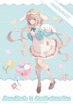  1girl animal_ears aqua_bow aqua_jacket artist_name blue_eyes bow bow_legwear brown_footwear character_name cinnamoroll dog_ears dress fake_animal_ears floating_hair frilled_dress frills full_body hair_between_eyes hair_bow highres jacket kanda_done kneehighs light_brown_hair loafers long_sleeves looking_at_viewer low_twintails open_clothes open_jacket pink_bow sanrio shoes socks solo standing twintails white_dress white_socks yellow_bow 