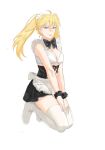  ahoge arm_scrunchie black_scrunchie blonde_hair blue_eyes breasts cleavage dress full_body genderswap genderswap_(mtf) hands_on_own_thighs highres large_breasts long_hair looking_at_viewer maid naruko_(naruto) naruto naruto_(series) naruto_shippuuden scrunchie seiza simple_background sitting sleeveless sleeveless_dress smile solo thighhighs twintails uri_ryou uzumaki_naruto white_background white_thighhighs 