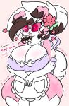  anthro apron big_breasts breasts clothing english_text female flower generation_7_pokemon hair hi_res huge_breasts lewdchuu_(artist) lycanroc midnight_lycanroc mother_(lore) nintendo parent_(lore) pink_body pink_eyes plant pokemon pokemon_(species) solo text thick_thighs white_hair 