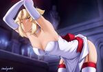  1girl armpits arms_up artoria_pendragon_(fate) bare_shoulders bent_over bound bound_wrists breasts choker clothes_lift cosplay dress dress_lift fate/apocrypha fate/stay_night fate/unlimited_blade_works fate_(series) garter_straps green_eyes medium_breasts mordred_(fate) mordred_(fate/apocrypha) one_eye_closed saber_(fate) saber_(fate)_(cosplay) scene_reference short_ponytail sidelocks skindentation solo statue thighhighs white_choker white_dress white_thighhighs zealyush 