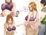  ! 1boy 1girl ane_death. arima_sekai_(artist) ass bra breasts brown_pants cleavage commentary_request green_eyes highres large_breasts long_hair mature_female open_clothes open_mouth open_shirt pants purple_bra sakura_ayaka sakura_takahiro solo_focus strawberry-blonde_hair underwear undressing 