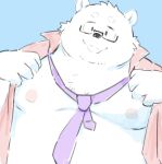  2024 anthro bear belly big_belly black_nose blue_background clothed clothing eyewear glasses kemono male mammal moobs necktie nipples open_clothing open_shirt open_topwear overweight overweight_male polar_bear portrait sessa shirt simple_background solo topwear ursine 
