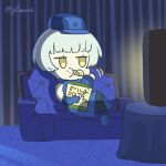  1girl black_pantyhose blue_dress blue_footwear blue_hat blunt_bangs boots chibi chips_(food) couch crossed_legs dress elizabeth_(persona) food food_in_mouth food_on_face full_body grey_hair hashtag-only_commentary hat high_collar highres holding holding_food indoors on_couch pantyhose persona persona_3 potato_chips short_hair sitting sleeveless sleeveless_dress solo television twitter_username watching_television yellow_eyes yokaroni 