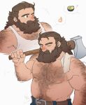  1boy absurdres axe bara beard belly body_fur closed_eyes cowboy_shot dungeon_meshi dwarf facial_hair full_beard hairy highres holding holding_axe large_pectorals long_beard looking_at_another male_focus mature_male multiple_views muscular muscular_male mustache navel nipples over_shoulder pectoral_cleavage pectorals plump satodee senshi_(dungeon_meshi) stomach strongman_waist thick_arm_hair thick_beard thick_chest_hair thick_mustache thick_navel_hair topless_male towel very_hairy weapon weapon_over_shoulder 