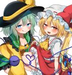  2girls absurdres black_hat blonde_hair blue_eyes blush breasts cleavage clothes_lift commentary_request fang flandre_scarlet green_hair hat heart heart-shaped_pupils highres komeiji_koishi koroyarou long_hair looking_at_viewer medium_breasts medium_hair mob_cap multiple_girls one_eye_closed red_eyes red_shirt red_skirt shirt side_ponytail simple_background skirt skirt_lift symbol-shaped_pupils third_eye tongue tongue_out touhou vampire white_background white_hat yellow_shirt 