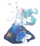  :o absurdres beads blowing_bubbles bubble closed_eyes colored_skin commentary_request green_hair highres korean_commentary long_hair no_humans open_mouth pokemon pokemon_(creature) primarina raid_(donghyeok) rock sitting staryu white_skin 