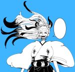  1girl ^_^ blue_background closed_eyes commentary cowboy_shot earrings floating_hair greyscale_with_colored_background hakama horns japanese_clothes jewelry kimono long_sleeves one_piece ponytail rope shimenawa sidelocks simple_background smile solo speech_bubble tenteko_mm upper_body v-shaped_eyebrows yamato_(one_piece) 