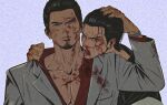  2boys bara blood blood_on_face character_request clothes_tug collared_shirt facial_hair fighting frown genandnak goatee_stubble hand_on_another&#039;s_head kiryu_kazuma looking_at_viewer male_focus mature_male messy_hair multiple_boys nosebleed off_shoulder pectoral_cleavage pectorals ryuu_ga_gotoku_(series) ryuu_ga_gotoku_0 shirt short_hair stubble thick_eyebrows tongue tongue_out upper_body yakuza yaoi 