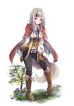  1girl animal_ears belt belt_buckle belt_pouch black_hair black_pants boots breasts brown_belt brown_corset brown_footwear brown_gloves buckle cape corset cross-laced_footwear fire_emblem fire_emblem_fates fold-over_boots full_body fuussu_(21-kazin) gloves grey_hair grey_tail hood hood_down hooded_cape lace-up_boots long_hair long_sleeves medium_breasts multicolored_hair neck_ribbon pants pouch red_eyes ribbon shirt solo streaked_hair tail two-tone_hair velouria_(fire_emblem) white_shirt wolf_ears wolf_girl wolf_tail 