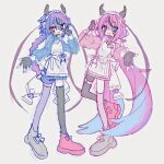  2others asymmetrical_legwear black_gloves black_thighhighs blue_eyes blue_hair braid fingerless_gloves full_body gloves hand_up highres horns long_hair long_sleeves looking_at_viewer meika_hime meika_mikoto mismatched_legwear mochi_(na_si) multiple_others open_mouth pink_thighhighs purple_eyes purple_hair purple_thighhighs shoes simple_background standing thigh_strap thighhighs very_long_hair vocaloid white_background 
