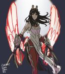  1girl artist_name bird_girl black_hair claws cm_lynarc dated fire_emblem fire_emblem_heroes flight_goggles gloves glowing glowing_wings highres hraesvelgr_(fire_emblem) leggings long_hair night red_aura red_eyes red_gloves red_leggings red_trim red_wings solo torn_clothes torn_leggings upper_body wings 