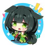  1girl :d animal_ears bare_shoulders black_collar black_hair black_thighhighs blue_background breasts chibi collar commentary_request detached_sleeves fang full_body green_eyes green_jacket green_sleeves heart highres jacket kyoumachi_seika large_breasts long_sleeves looking_at_viewer milkpanda necktie notice_lines polka_dot polka_dot_background red_necktie round_image shirt short_eyebrows sitting sleeveless sleeveless_jacket sleeveless_shirt smile solo tail thick_eyebrows thighhighs two-tone_background voiceroid wariza white_background white_shirt wide_sleeves 