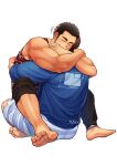  04sora40 2boys ankle_strap bara barefoot black_hair blush couple from_behind full_body happy highres hug long_sideburns male_focus motion_lines multiple_boys muscular muscular_male mutual_hug original pants pants_rolled_up short_hair shorts sideburns sparse_arm_hair tank_top thick_eyebrows thick_leg_hair white_background yaoi 