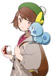 1girl :&gt; backpack bag blue_eyes blush bright_pupils brown_bag brown_eyes brown_hair closed_mouth creature creature_on_shoulder eyebrows_visible_through_hair gloria_(pokemon) green_headwear grey_background hair_between_eyes holding holding_poke_ball looking_at_another mogumo on_shoulder open_mouth poke_ball poke_ball_(basic) pokemon pokemon_(creature) pokemon_(game) pokemon_on_shoulder pokemon_swsh short_hair simple_background sketch smile sobble tongue white_pupils 