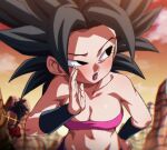  2girls bandeau bare_shoulders black_eyes black_hair blurry blurry_background blush breasts caulifla cleavage cloud commentary_request dragon_ball dragon_ball_super kale_(dragon_ball) large_breasts looking_to_the_side midriff multiple_girls navel open_mouth orange_sky outdoors rom_(20) short_hair sky sparkling_eyes 