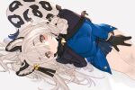  1girl animal_ear_fluff animal_ears arknights blush braid coat gloves grey_eyes hair_ornament highres kochiya_(gothope) leopard_ears long_hair looking_at_viewer lying on_side pramanix_(arknights) simple_background solo tagme tail thighs trench_coat white_hair 