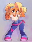  absurd_res activision anthro bandicoot blonde_hair blush breasts clothed clothing coco_bandicoot crash_bandicoot_(series) crossxvii double_v_sign ear_piercing eyebrows eyewear eyewear_on_head female footwear fur gesture goggles goggles_on_head green_eyes hair hand_gesture hi_res leaning leaning_forward long_hair mammal marsupial multicolored_body multicolored_fur nipples overalls piercing shirt shoes smile solo standing t-shirt tan_body tan_fur topwear translucent translucent_clothing translucent_topwear two_tone_body two_tone_fur v_sign wide_hips 