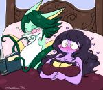  anthro arbok bed blush book container cup drinking duo female furniture generation_1_pokemon generation_5_pokemon green_body green_hair hair heart_symbol hi_res lavender_(lewdchuu) lewdchuu_(artist) lying lying_on_bed male nintendo on_bed pink_eyes pokemon pokemon_(species) purple_body purple_hair serperior shocked sweetie_(rockpup241) yellow_eyes 